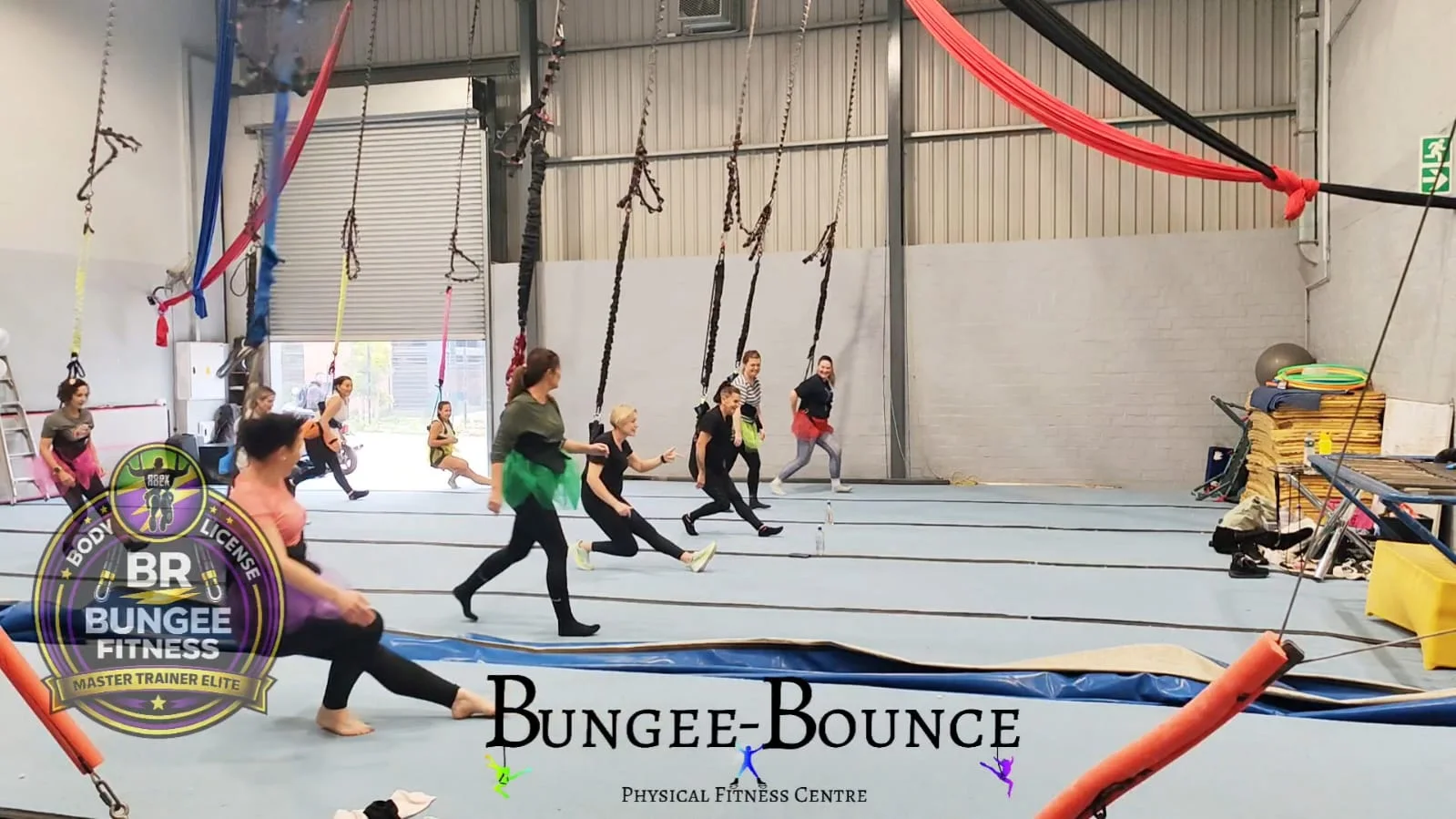 A Bungee-Bounce class moving through lunges together